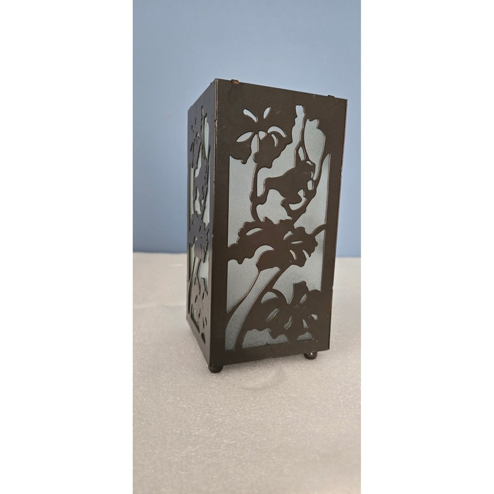 Vintage Black Metal Floral Cutout Frosted Glass Candle Holder Lantern 7.75"